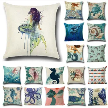 

Mermaid Sea Shell Pattern Cotton Linen Throw Pillow Bed Decorative Pillowcase