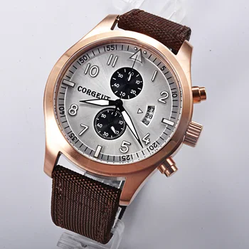 

Corgeut 46mm white dial rosegold PVD Case Full Chronograph men quartz wrist watch