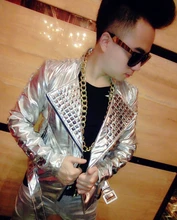 2014 New style fashion silver PU leather male dj singer stage costumes rhinestone slim men’s ds lead dancer gentleman jacket