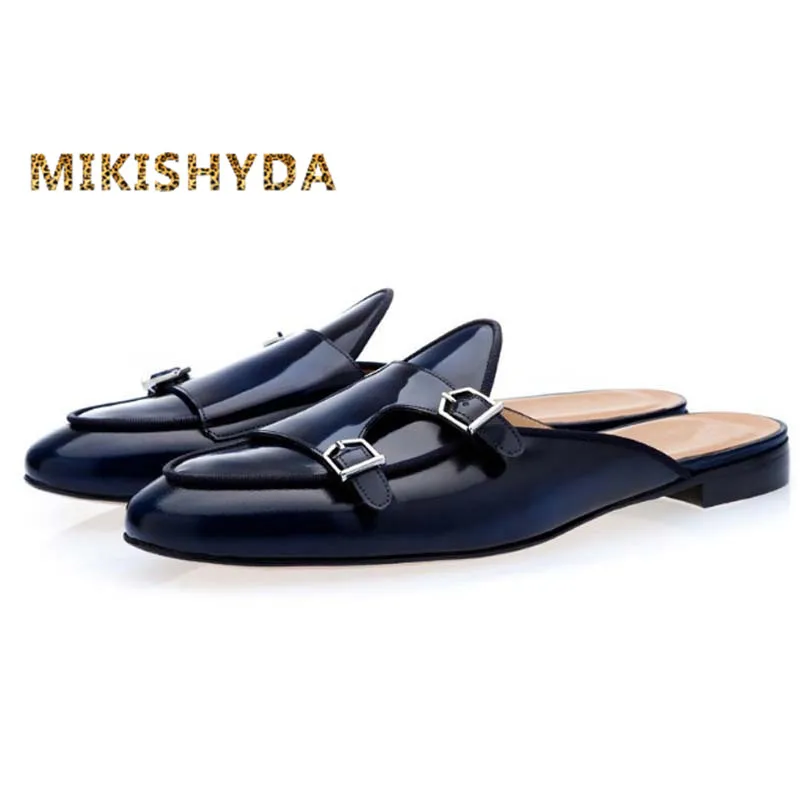 

MIKISHYDA Men Navy Blue Buckle Shoes Slip-on Mules Hand-polished Loafers for Men EU39-EU46 Customized Color Men Casual Shoes