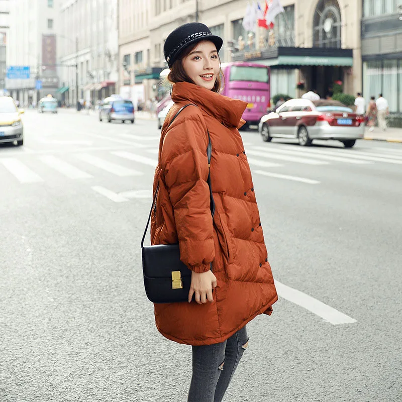 Schinteon/ корейский пуховик со стоячим воротником; теплая зимняя верхняя одежда; свободная одежда; модное двубортное пальто - Цвет: Caramel