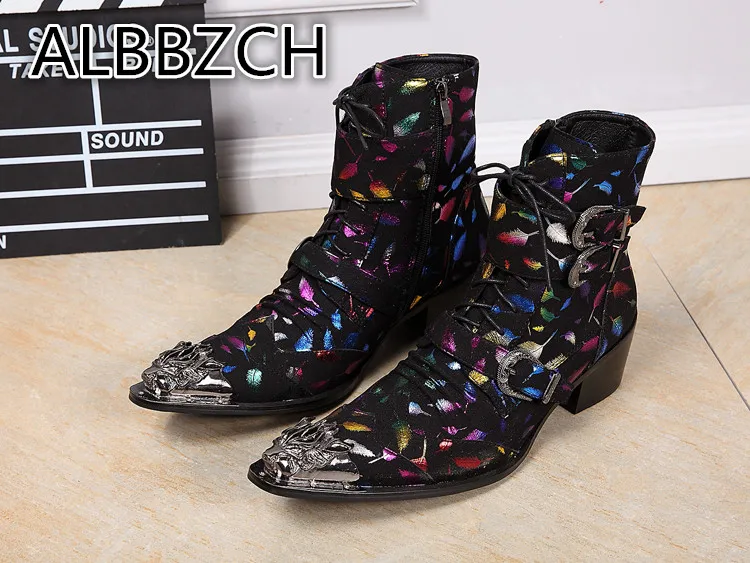 Мужские Роскошные ботильоны челси на высоком каблуке Британский тренд с принтом
