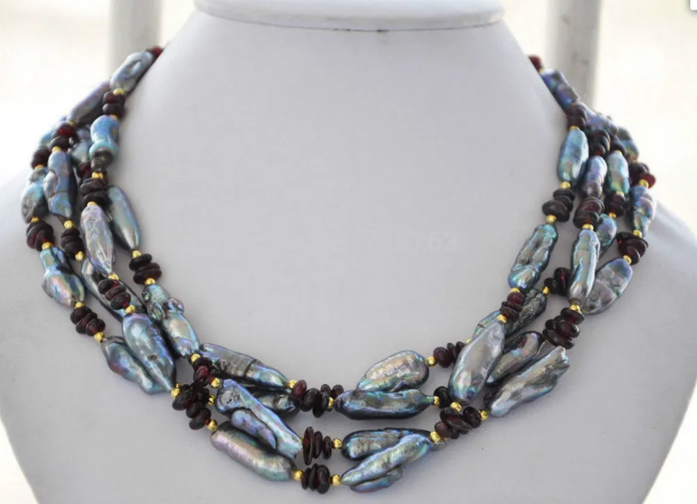 

HOT N964 4strands 26mm black biwa freshwater pearl purple amethyst necklace