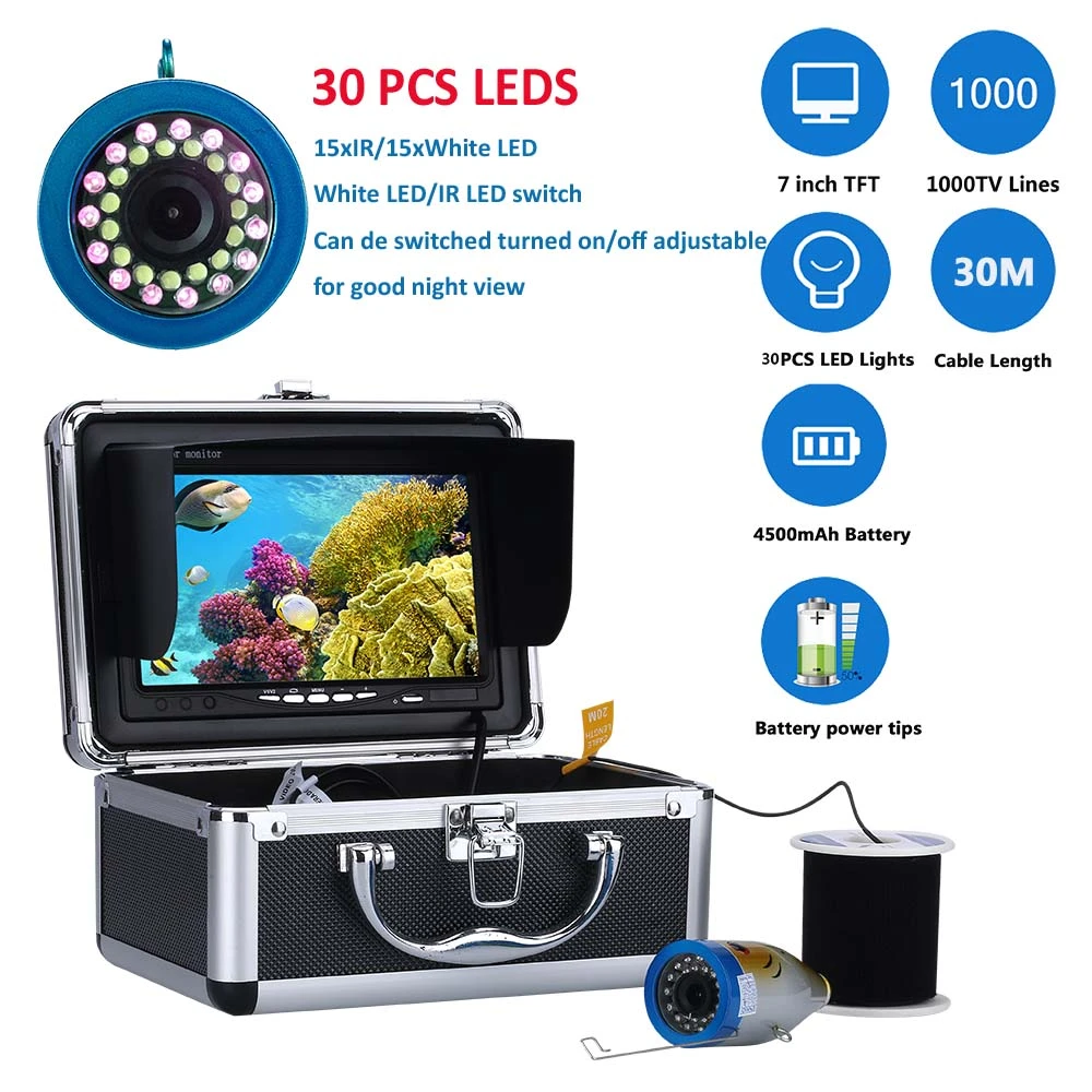 7"LCD 1000TVL 30M Underwater Fishing Video Camera Kit 30 PCS LED Infrared Lamp