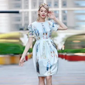 

Women Dress 2019 High Quality Spring Summer Designer Runway O-Neck Collar Short Sleeve Figure Printed Dresses NP0062N