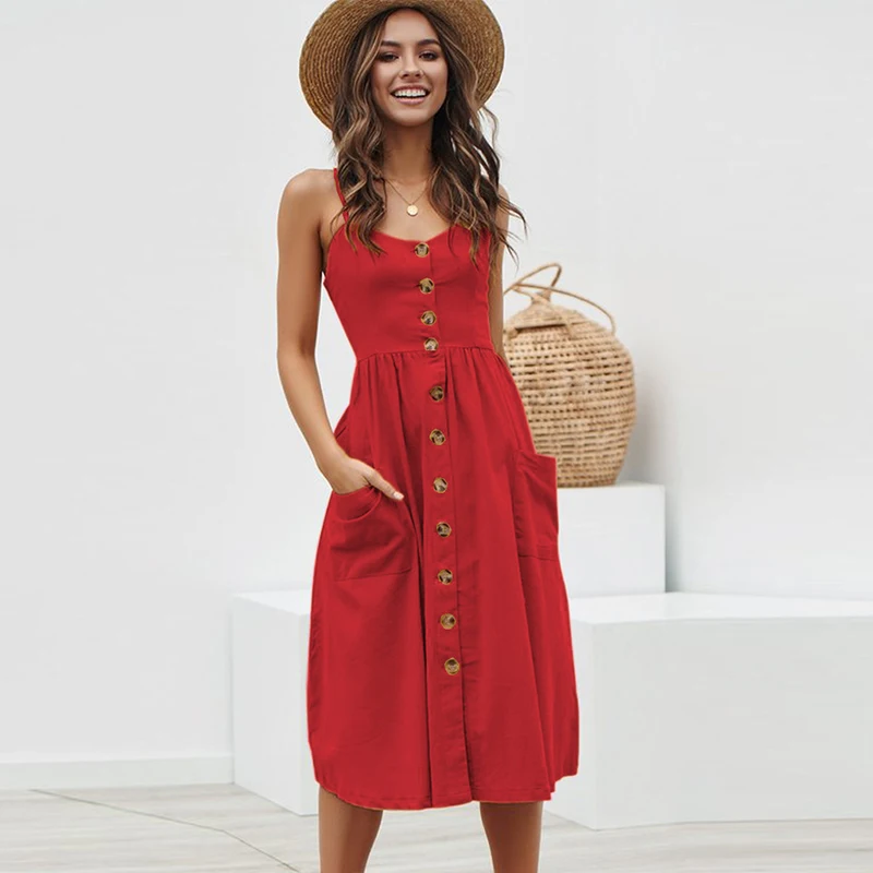 

2019 Summer Boho Sexy Dresses Sexy Dress Fashion Casual Button Backless Polka Dot Striped Floral Beach Dress Female 14 Colors