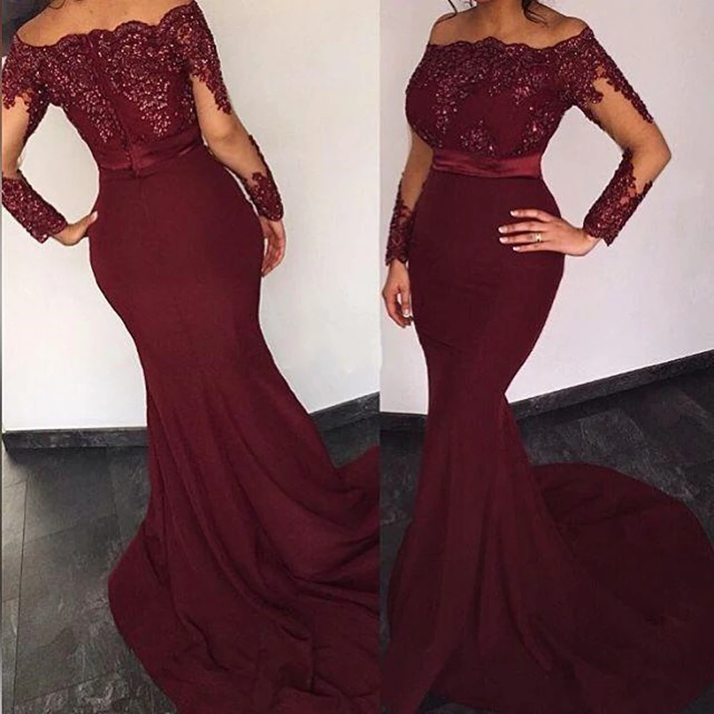 

2018 New Cheap Bridesmaid Dresses Off Shoulder Wedding Guest Wear Mermaid Long Sleeves Burgundy Floor Length Party Dress
