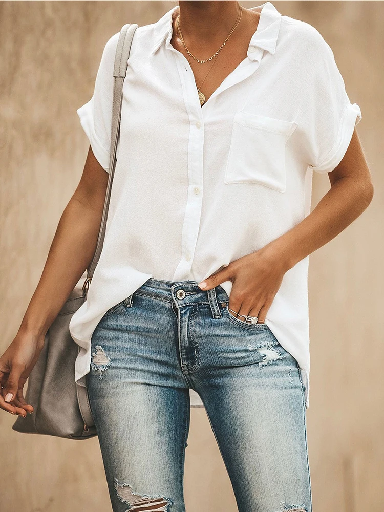 

Cotton Linen Casual Button Blouse Women 2019 Solid White Tops Short Sleeve Turn-Down Collar Pocket Shirt Loose Summer Blouse 2XL