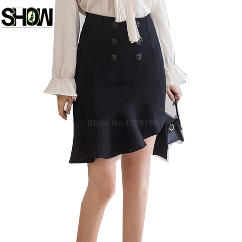 Elegant Skirts Women Slim Fit Office Lady Work Ruffled Button Black