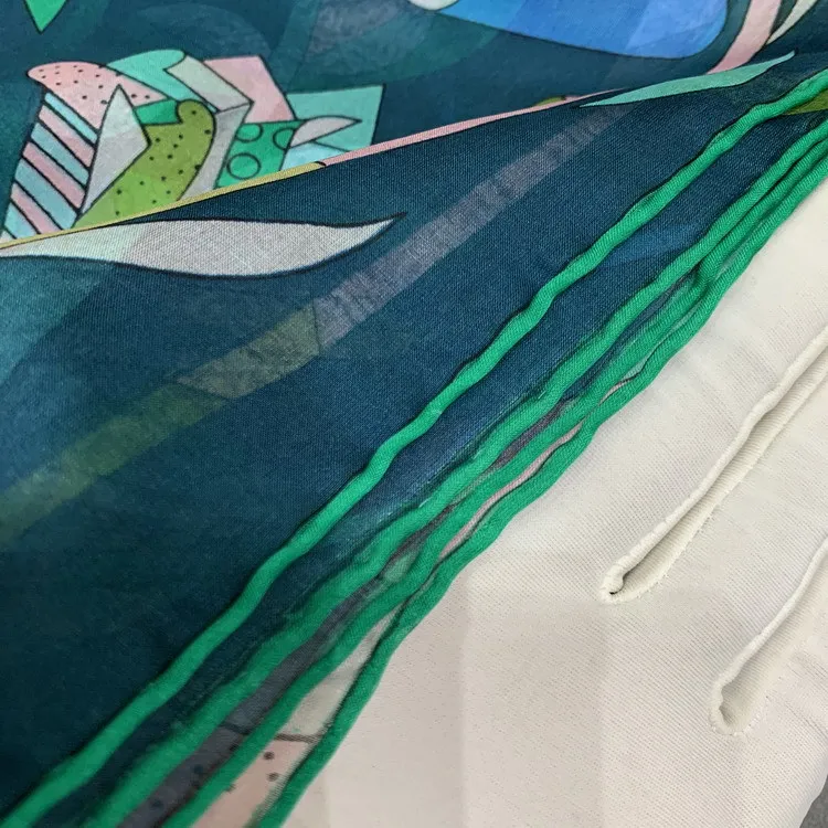 Чистый шелк шифон шарф женский синий павлин печати летние большие Шали Обертывания 140*140 см ручной пошив