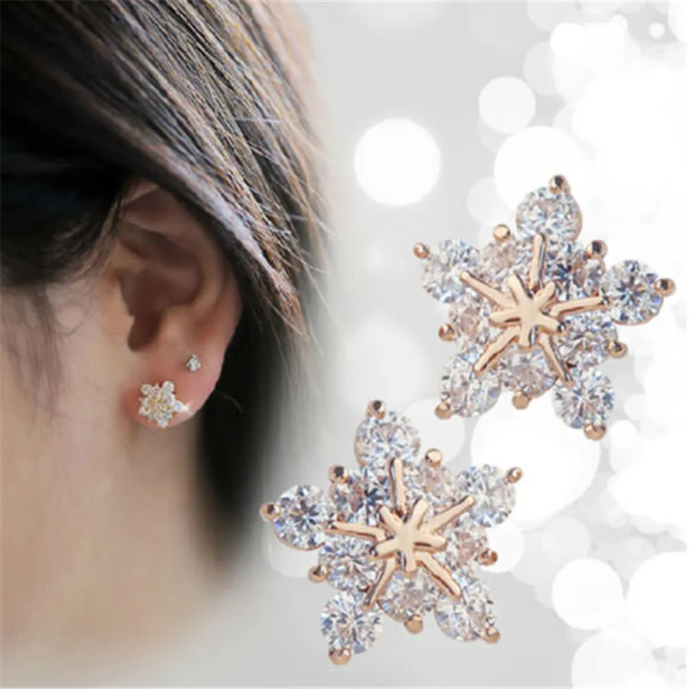 

2018 Fashion Korean Cute Gold Tone Crystal Rhinestone Snowflake Ear Stud Earrings Jewelry For Women Xmas Gift Free Shipping