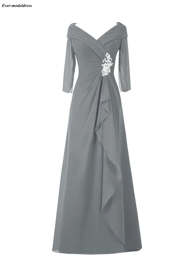 

Chiffon Mother of Bride Dresses With Sleeves Floor Length Zipper Back Pleats Lace Appliques Long Wedding Guest Party Gowns Cheap
