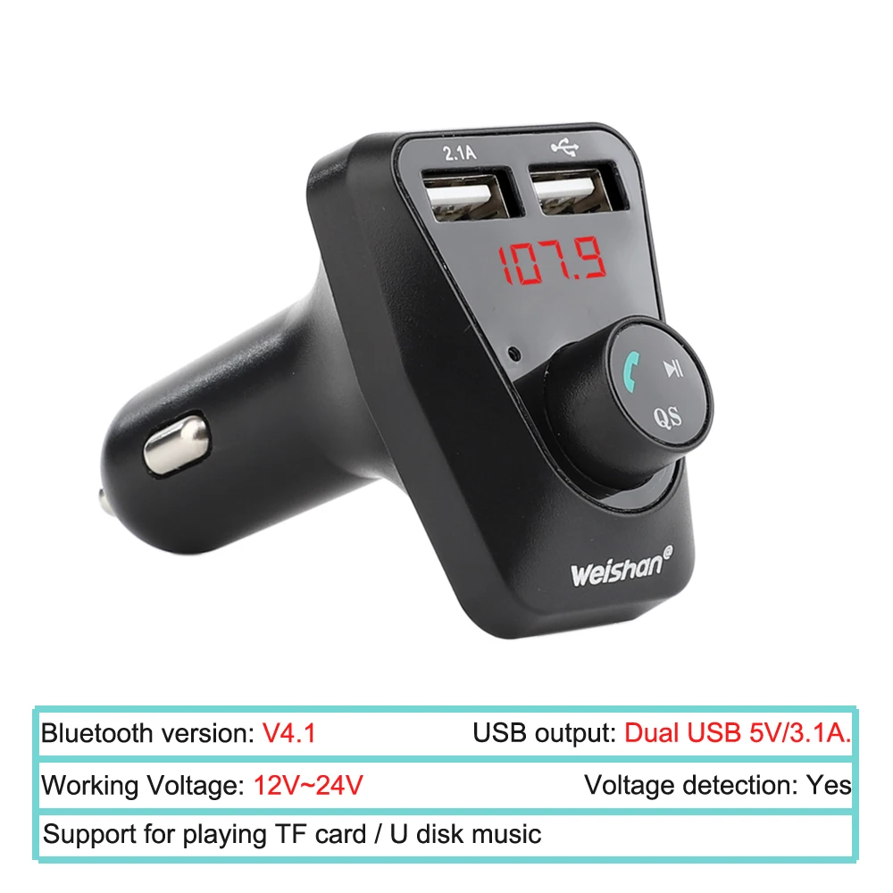 Weishan Hands Free Wireless Bluetooth FM Transmitter TF AUX Modulator Car Kit MP3 Player