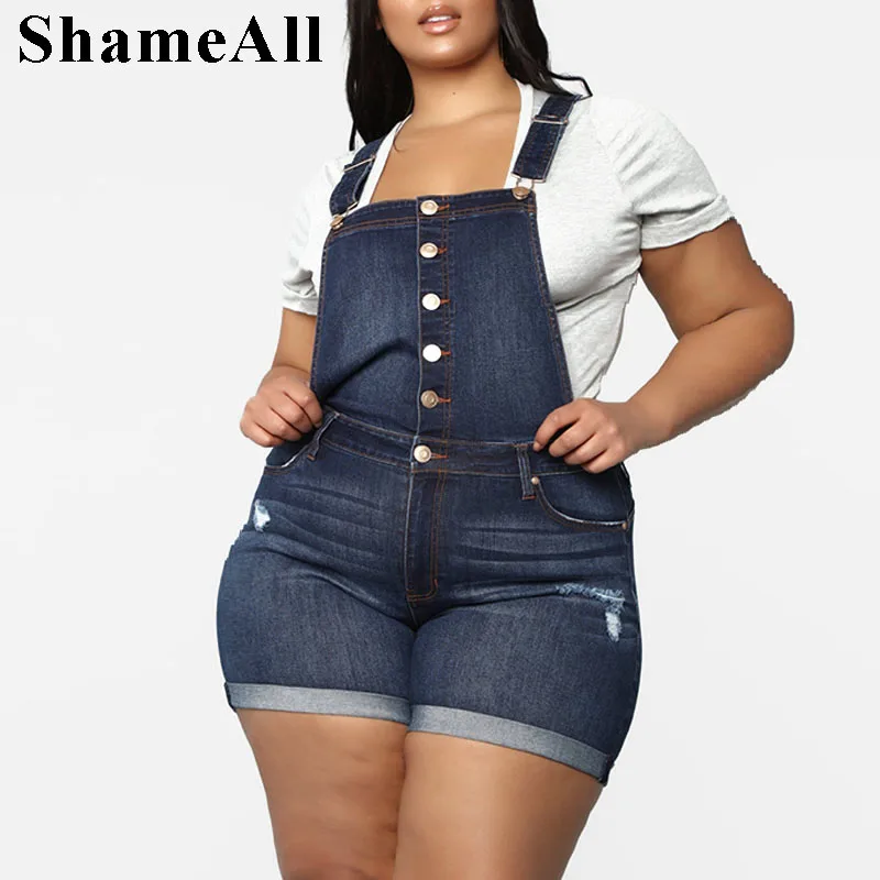 

Summer Plus Size Dark Blue Button Up Ripped Cuffed Jean Shorts Romper 4XL 6XL Big Size Combinaison Denim Jumpsuit Overalls