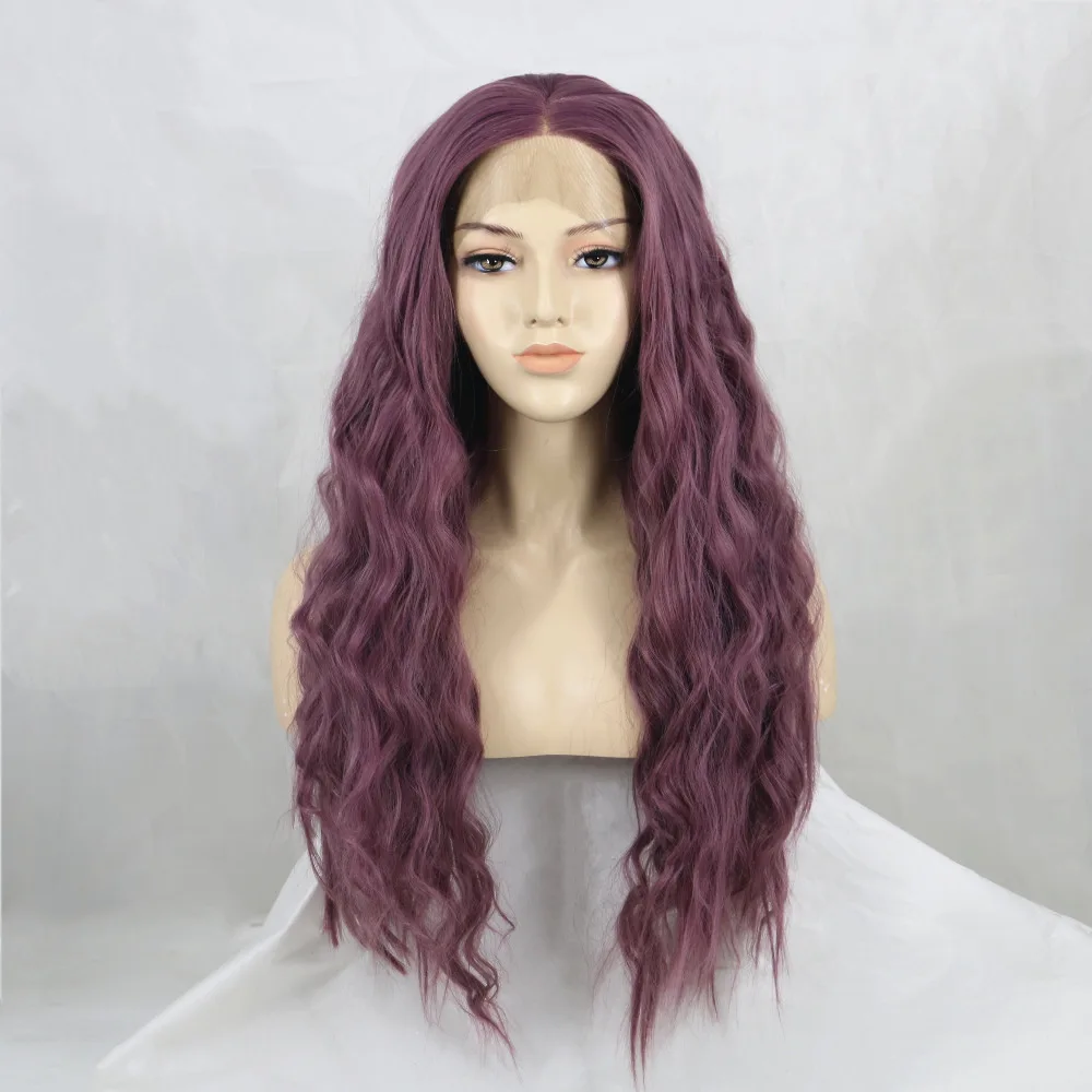 

FANXITON Lace Frontal Purple Wig Long Wavy Synthetic Hair 150 Density Middle Part 24 Inch