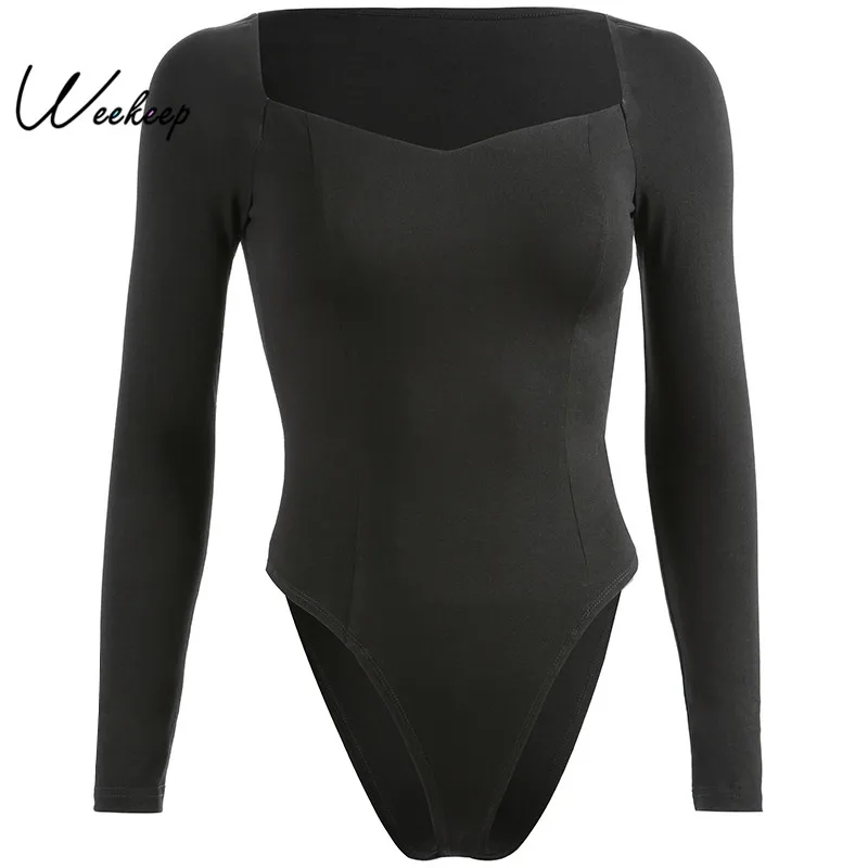Weekeep Women Black Bodycon Square Collar Long Sleeve Bodysuit High