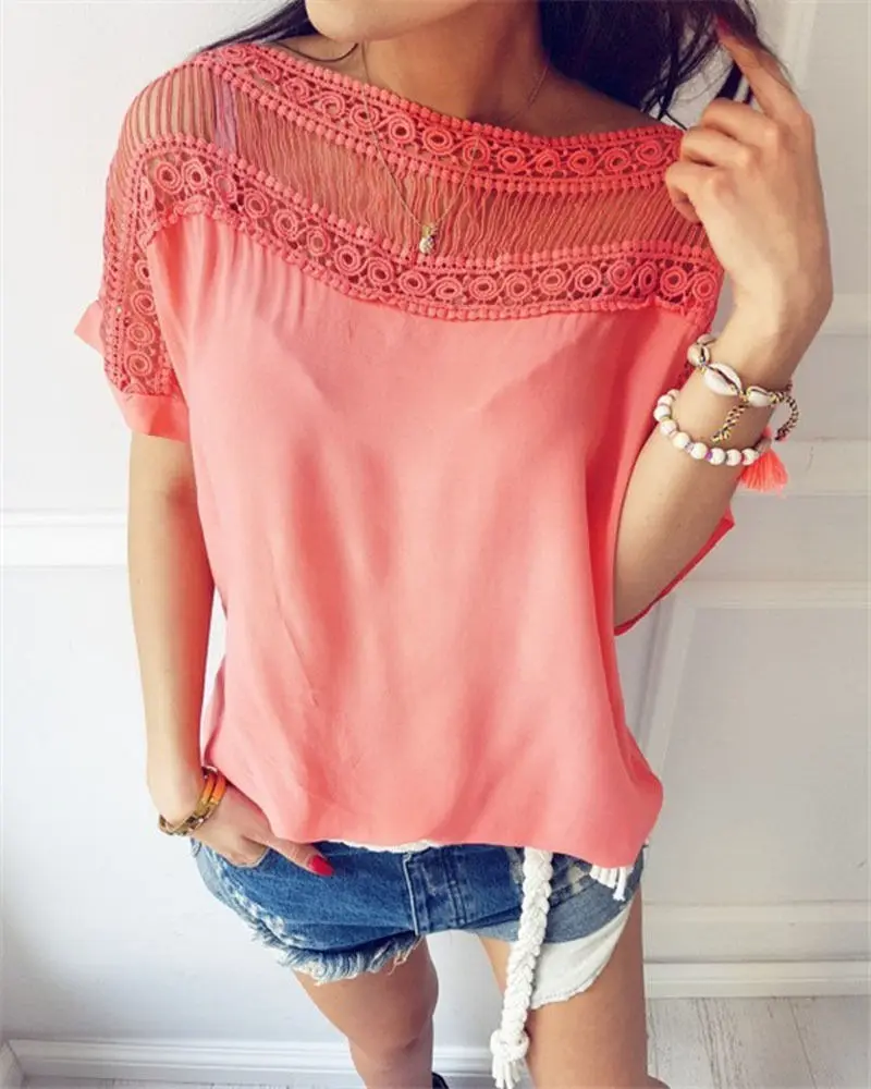 Женская кружевная блузка с коротким рукавом и круглым вырезом|blouses short sleeves|lace