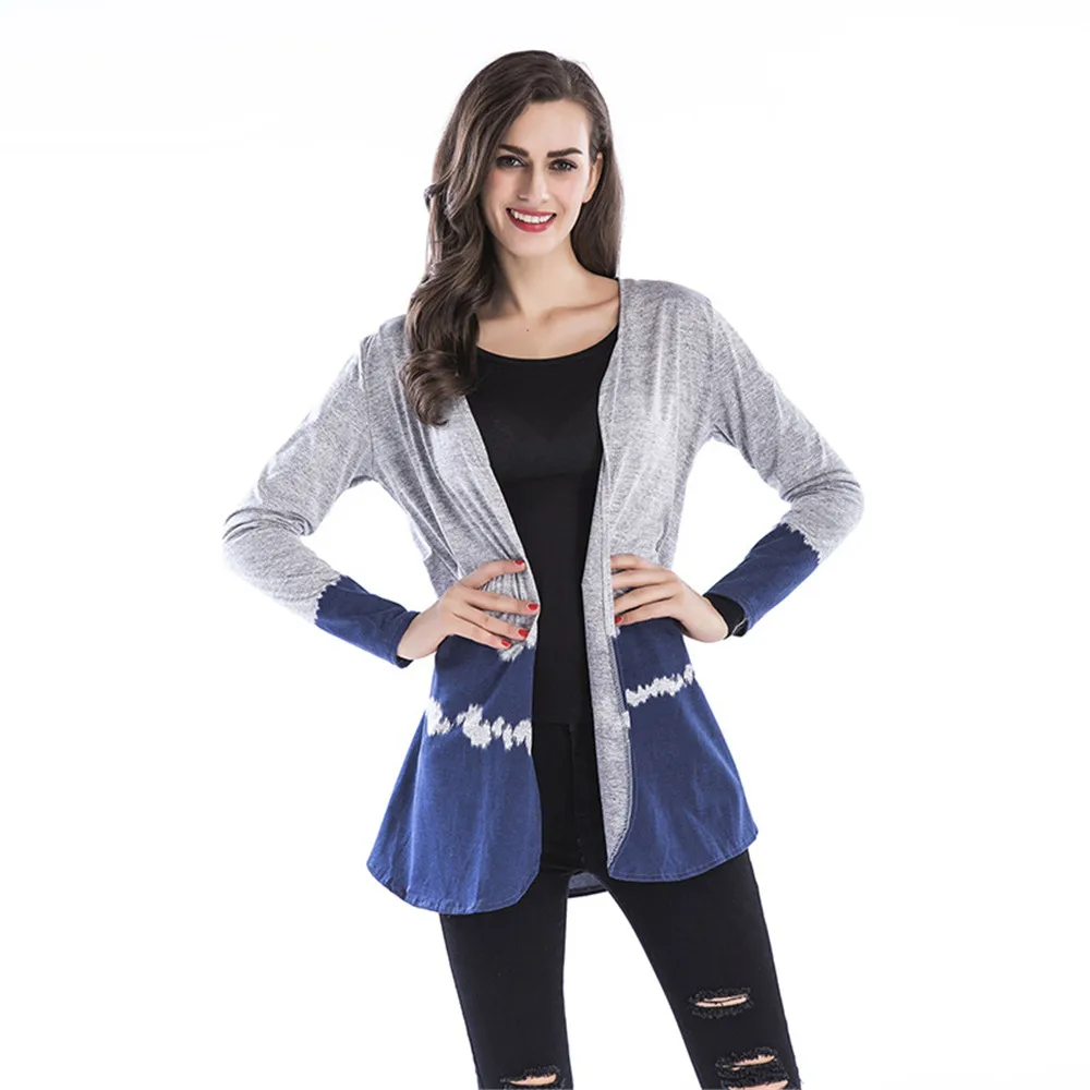 2018 Autumn Mid-length Knit Cardigan Women's Gradient Color collarless Casual Jacket Outerwear Coat