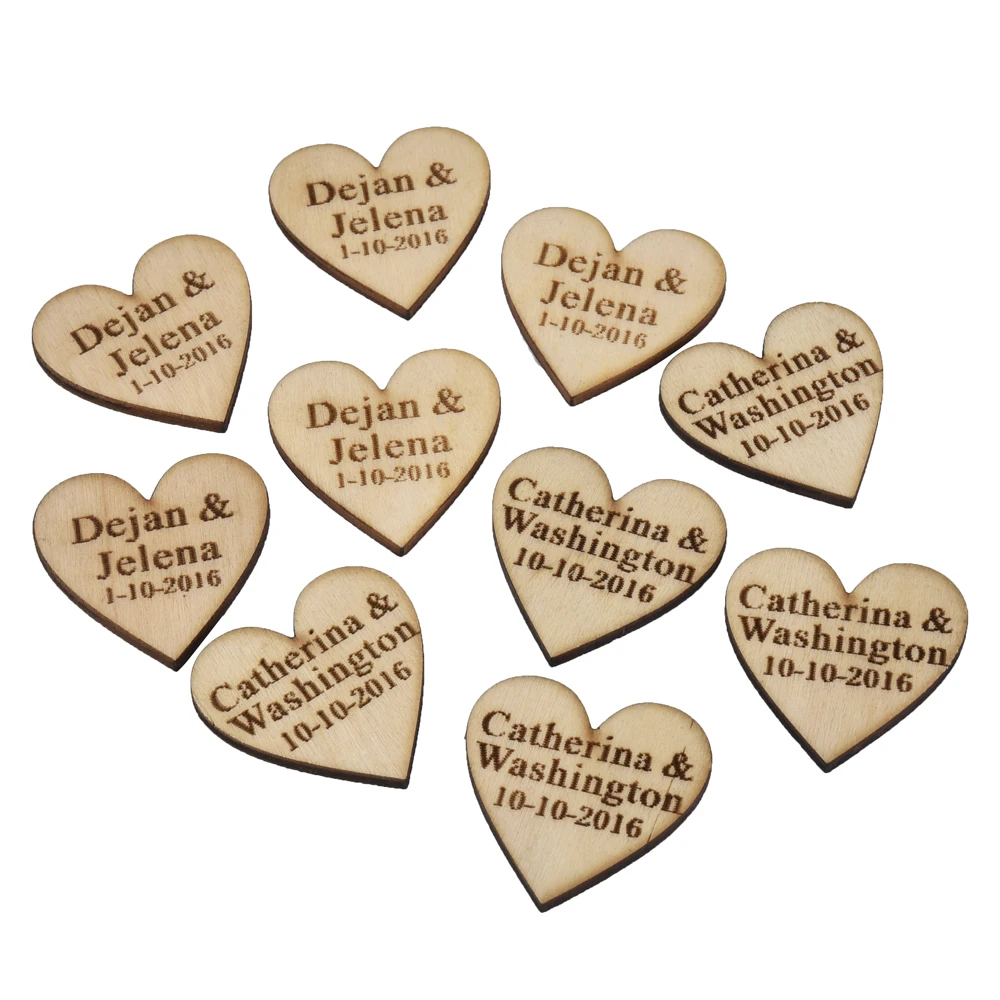 50 Pieces Personalized Engraved Wood Hangs Love Heart Centerpieces Wedding Table Decoration Favors Candy Tags