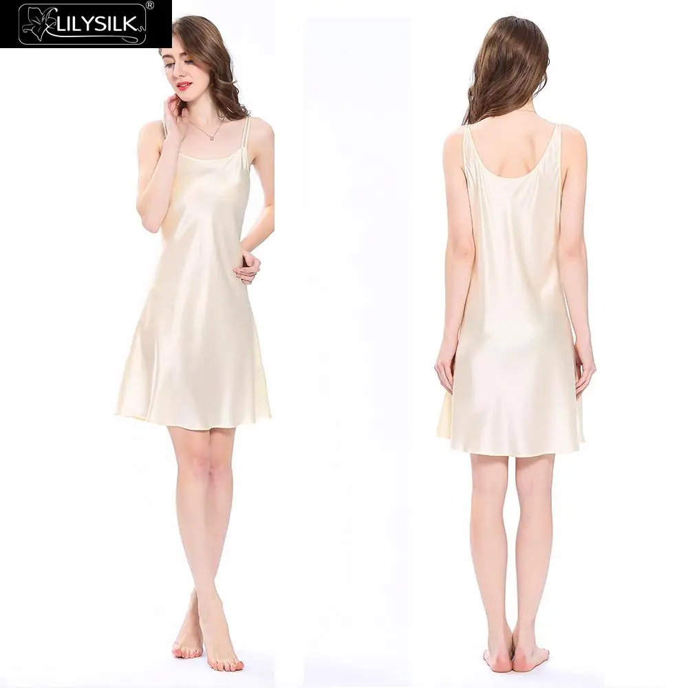 LilySilk ночная рубашка для девочек, женская ночная рубашка, женское мини-платье с овальным вырезом, чистый 100 шелк, 22 momme, Роскошный натуральный - Цвет: Beige
