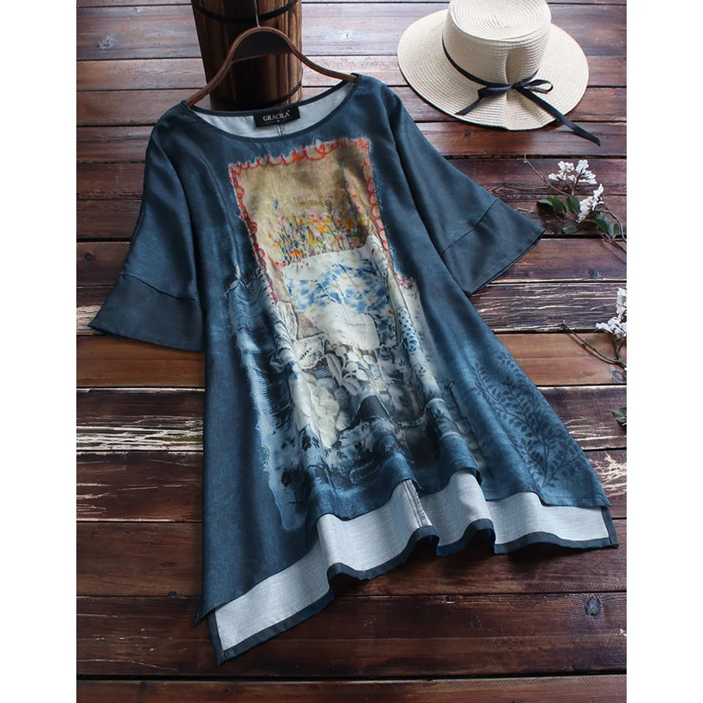 

Womens Casual Plus Size Top Loose Linen Blouse Short Sleeve Print Button Tunic Shirt blusas mujer de moda 2019 Blusas M-5XL