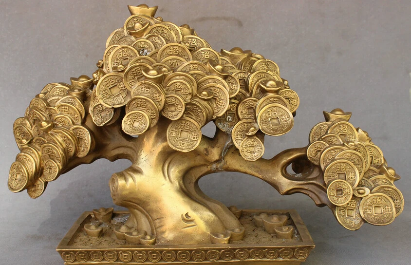 

song voge gem S5258 18" Folk Chinese Fengshui Brass YuanBao Coin Wealth Auspicious Money Tree Statue