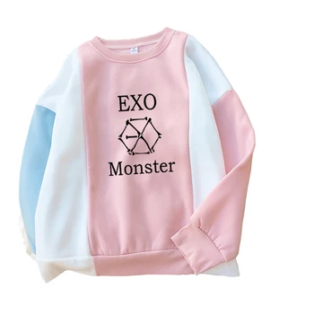 

New Women Autumn Winter Casual Korean Kpop EXO Hoodies O Neck Patchwork Long Sleeve Loose Letter Print Thick Sweatshirt Top