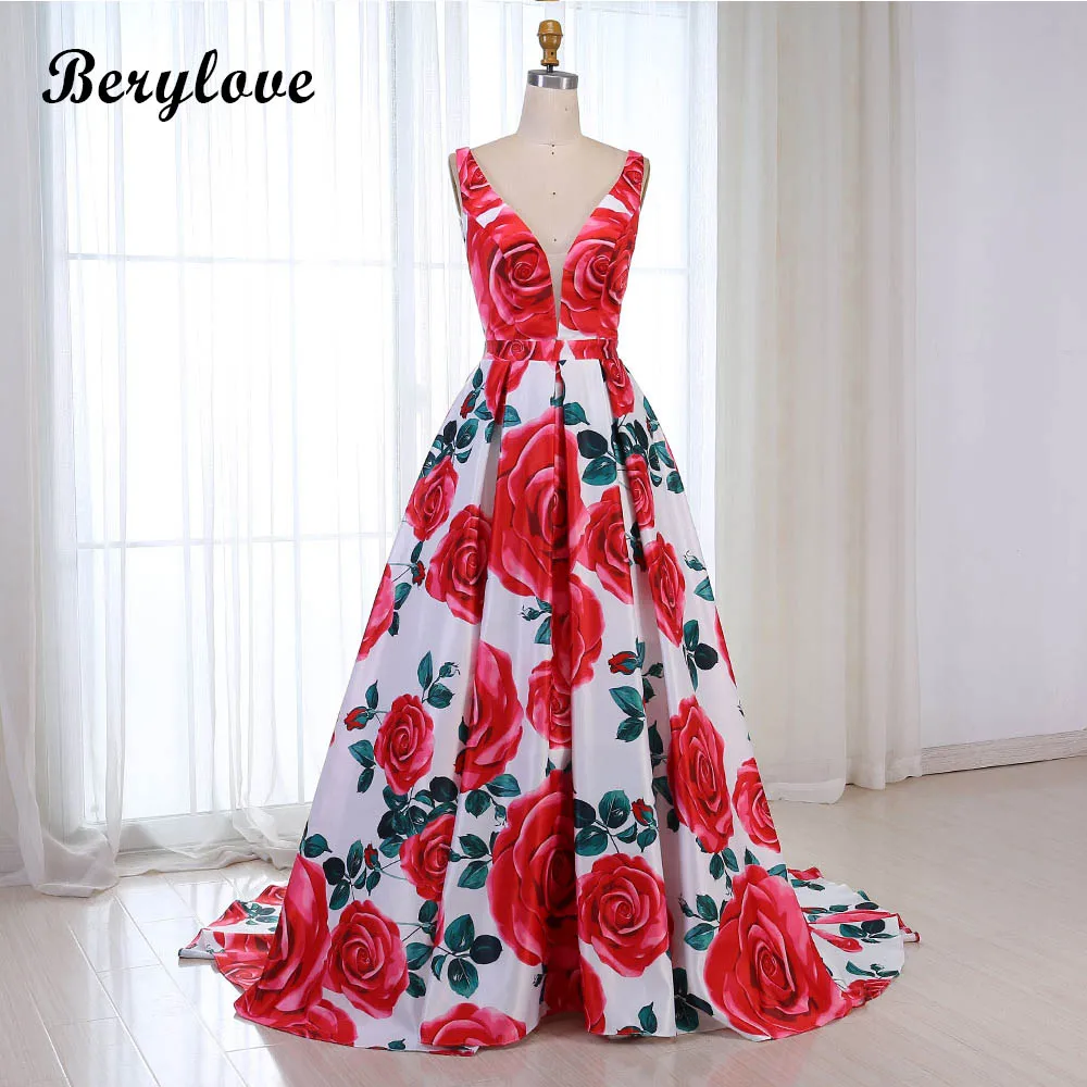 BeryLove Red Floral Print Evening Dresses Long V Neck Prom Dresses 2018 ...