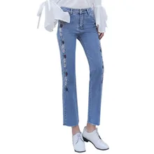 С вышитыми цветами; джинсовые штаны Мода Высокая Талия джинсовые штаны бойфренд прямые джинсовые брюки Винтаж сырья рваный подол брюки для девочек