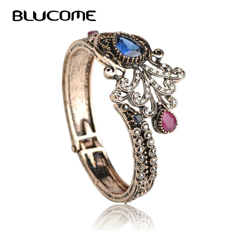 

Blucome Large Size Vintage Flower Bangle Green Water Drop Resin Crystal Crown Shape Turkish Bangles Girl Women Party Hand Bijoux