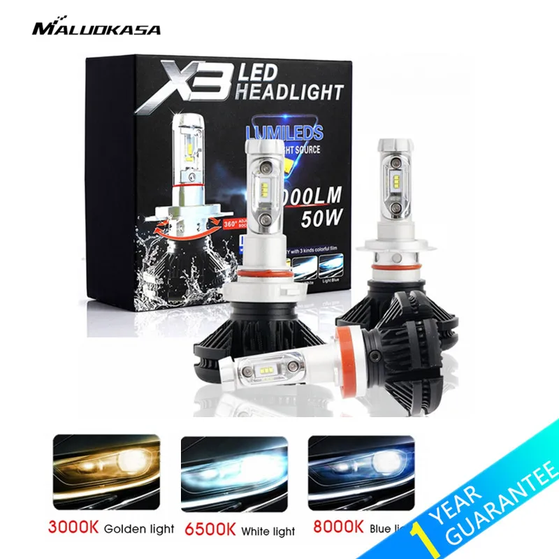 MALUOKASA 2PCs X3 ZES H4 H7 LED Car Headlight Bulb 3000K 6500K 8000K Yellow White Ice