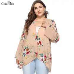 Гладиолус 2018 Летняя блузка Для женщин рубашка с длинным рукавом Цветочный Принт Свободные Повседневное кимоно кардиган Для женщин s Топы и