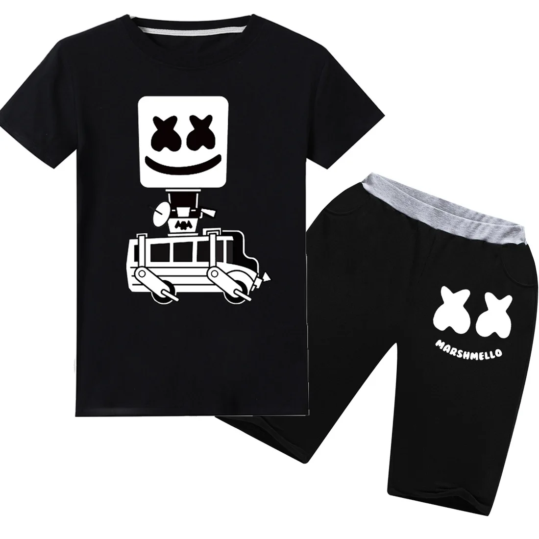 

2019 New DJ Music Marshmello Costume Set Boy 100% Cotton Child Game T-Shirt Summer Short Sleeve Top Tees Kids Teen Clothes 2pcs