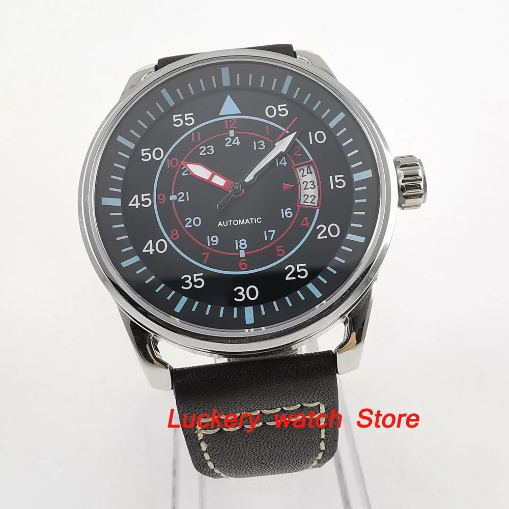 

44mm Planca black dial blue marks date window luminous 24 hours Automatic movement men's watch-DA05