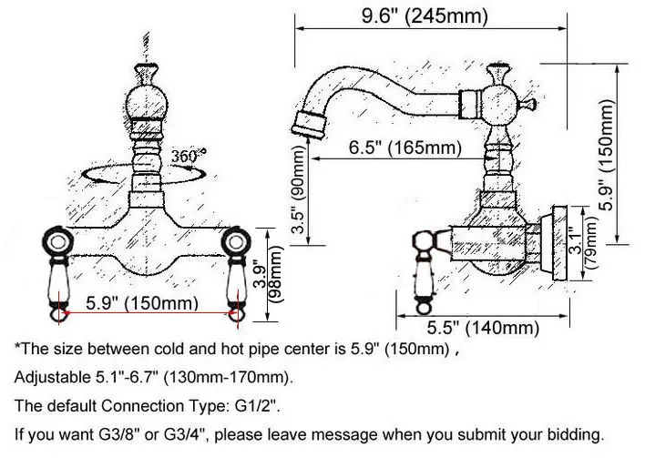 Polished Chrome Brass Wall Mount Kitchen Sink Faucet Swivel Spout Mixer Tap Dual Ceramics Handles Levers anf573