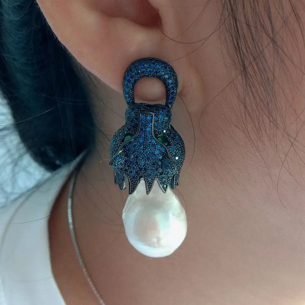 

Women's White Keshi Pear Earrings Gunmetal Blue Cz Pave Dragon Stud Earrings
