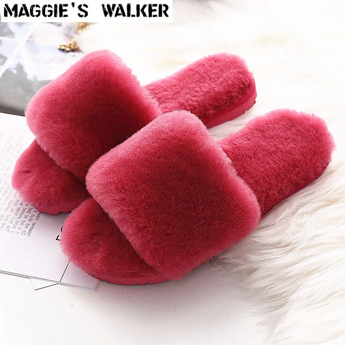 

Maggie's Walker Women Fashion Sheep Hair Slippers Unisex Candy-Colored Flat-heeled Winter and Autumn Slippers Size 35~42