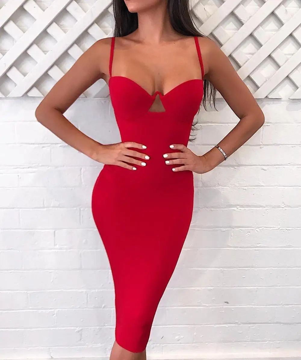 Новое летнее модное сексуальное черное красное Бандажное платье на бретелях как у знаменитостей, дизайнерские вечерние платья Vestido - Цвет: Красный