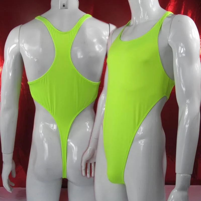 Мужской Сексуальный Шелковистый боди эластичный купальник Racer Thong спандекс нейлон - Цвет: Neon green