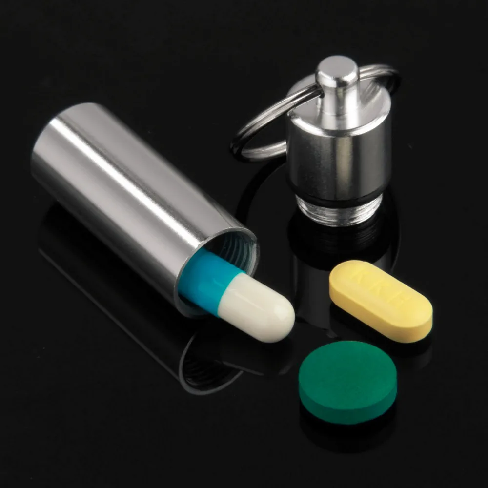 

Mini Portable Waterproof Aluminum Silver Pill Box Pill Case Bottle Cache Drug Holder Container With Key-Chain Key Holder