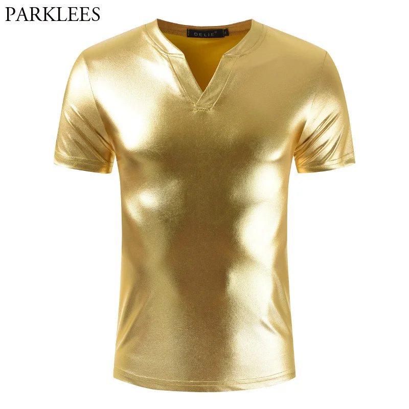 Aliexpress.com : Buy Shiny Gold Coated Metallic V Neck T Shirt Men 2018 ...