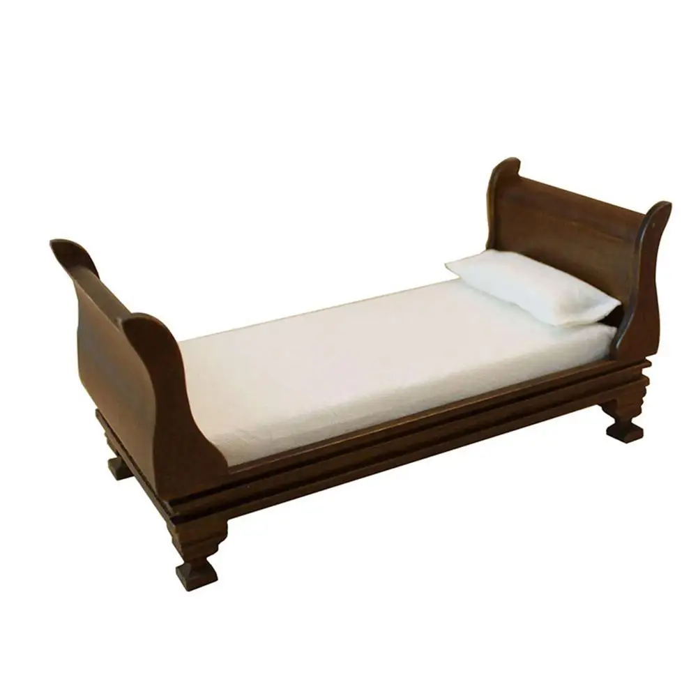  Simulation Mini Wooden Single Bed for 1:12 Doll House Accessories