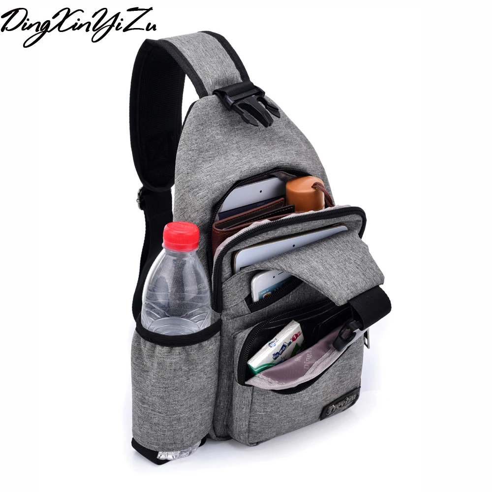 

(USB Charge Interface) Men Chest Bag Canvas Sling Bag Shoulder Satchel Large Crossbody Charing Bag With Side Bottle Pocket