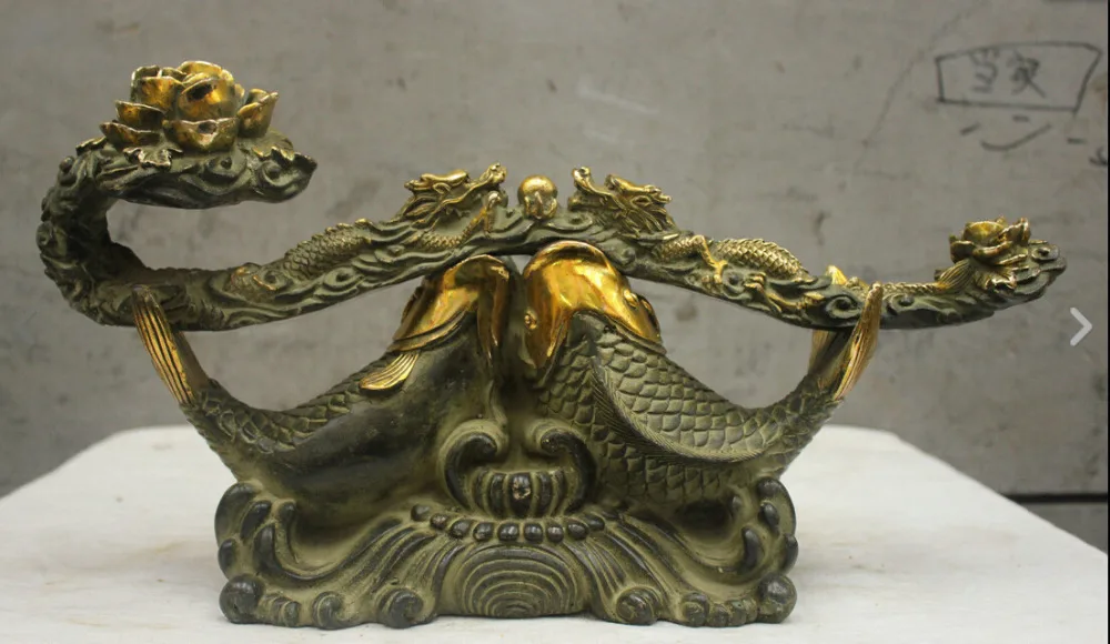 

Chinese Folk Culture Handmade Old bronze Brass Statue Carp Koi Ruyi Sculpture