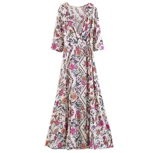 Богемное платье-кимоно с v-образным вырезом и цветочным принтом, с разрезом спереди, с запахом, этнический праздник, женские белые длинные платья-рубашки с коротким рукавом