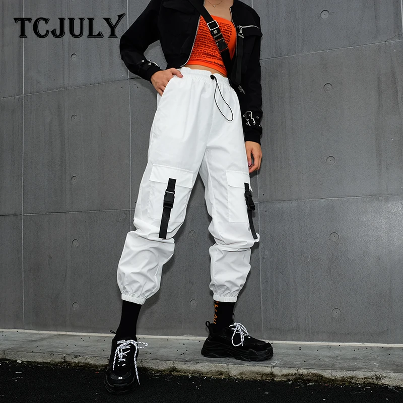 Женские брюки с высокой талией TCJULY Harajuku повседневные белые карманами весна
