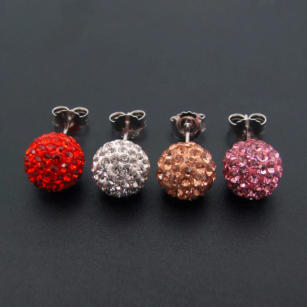 

Pink/Orange Red/ Silver/Champagne Rhinestone Ball Stud Earrings in Solid 925 Sterling Silver Women Ear Studs for Party
