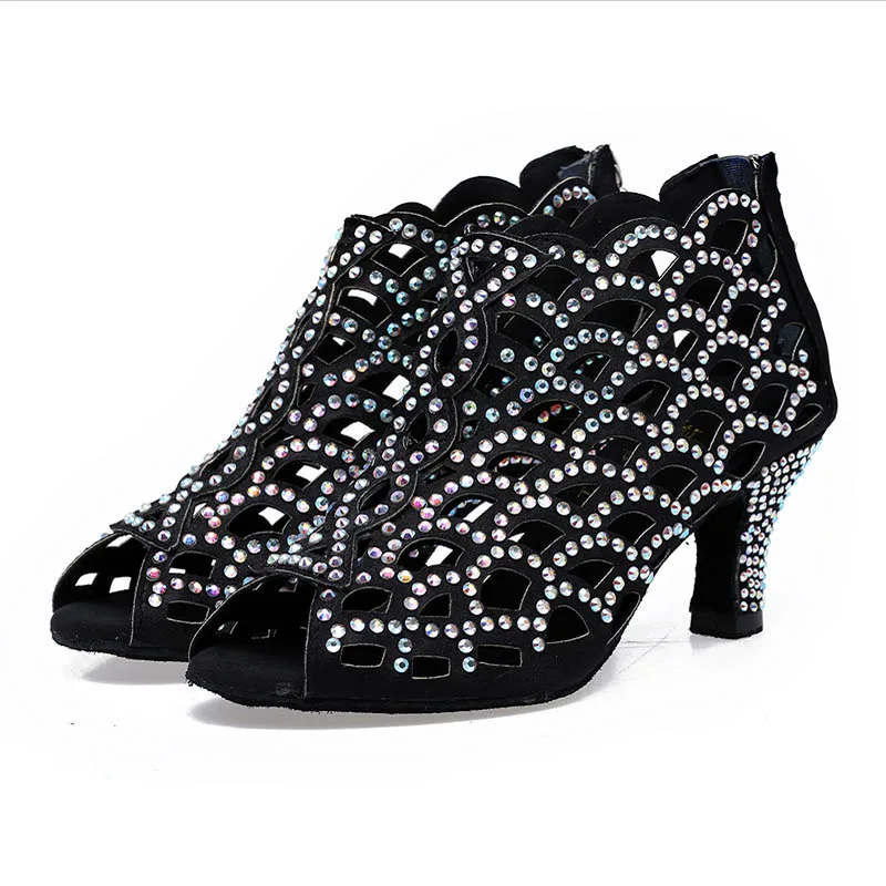 DILEECHI/Женская обувь для латинских танцев со стразами Lombardcia/Танцевальная обувь с квадратным каблуком moder; Танцевальная обувь черного цвета на каблуке 75 мм - Цвет: black heel 6cm