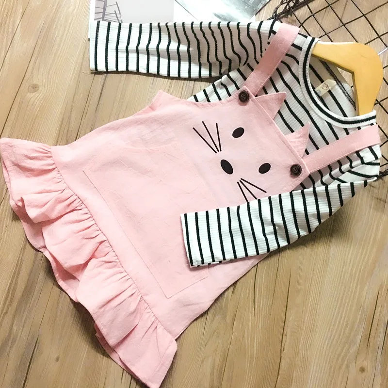 

toddler girl winter clothes girls clothing sets baby girls full sleeve with skirt lovely cartoon cat pattern striped t-shirt