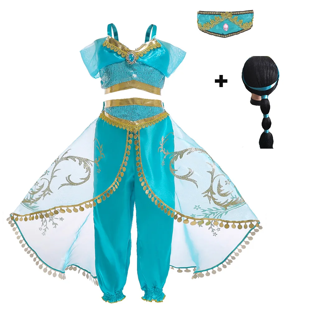 

AmzBarley Princess Jasmine Costume for girls Kids Aladdin's lamp costume Princess Fancy Dress Up 2-pieces Party Clothes with wig